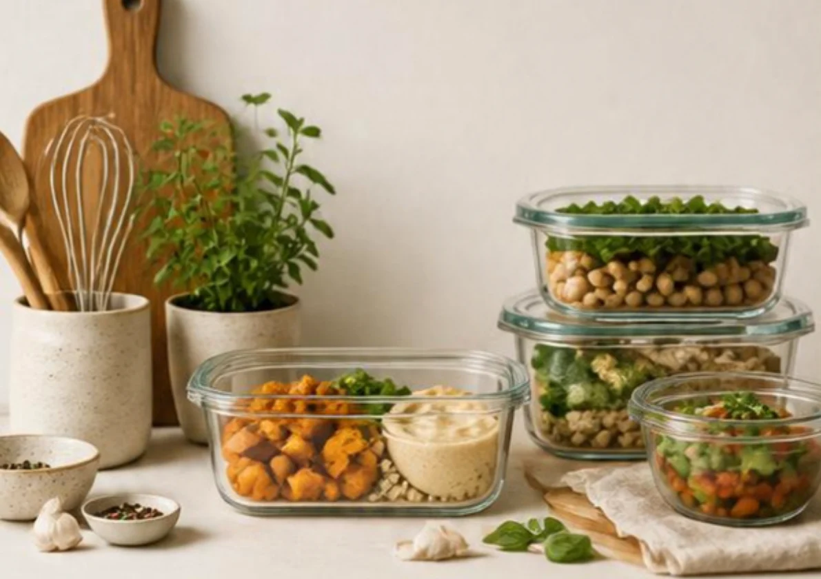 Plats préparés dans des boîtes en verre, sur un plan de travail avec herbes fraîches